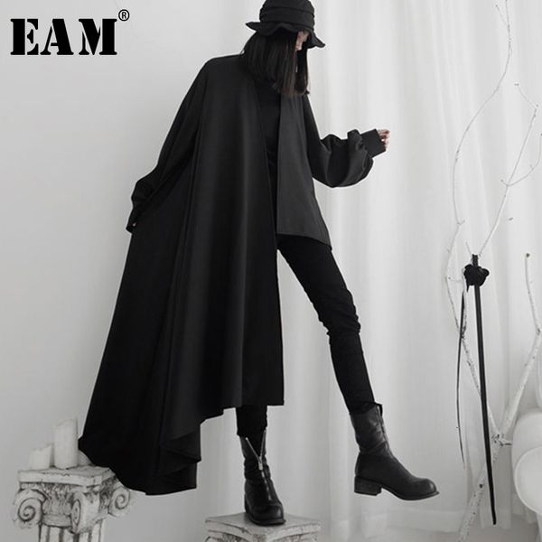 

eam] women black asymmetrical big size trench new lapel long sleeve loose fit windbreaker fashion autumn winter 2019 19a-a556, Tan;black