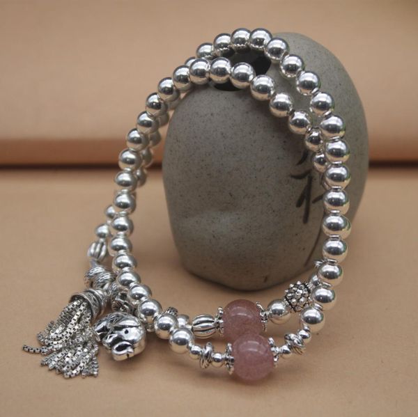 

sterling s925 silver bracelet women's silver smooth round 5mm luck strawberry crystal link tassel 32cml/12.5inchl chain bracelet, Golden;silver