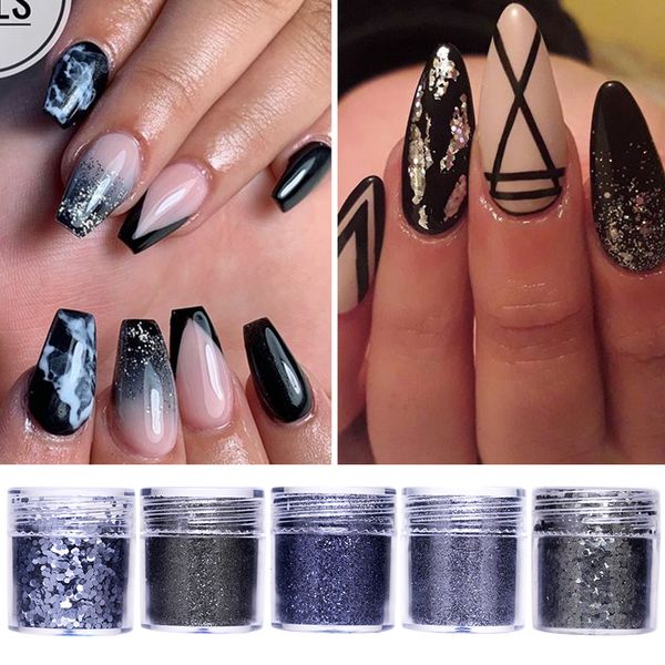 

10g chunky nail sequins flakes decorative nail glitter black blue mixed art pigments in box manicure accessories, Silver;gold