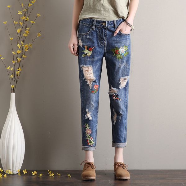 

plus size floral embroidered jeans for women ripped boyfriend jeans distressed destroyed woman fashion harem denim pants, Blue