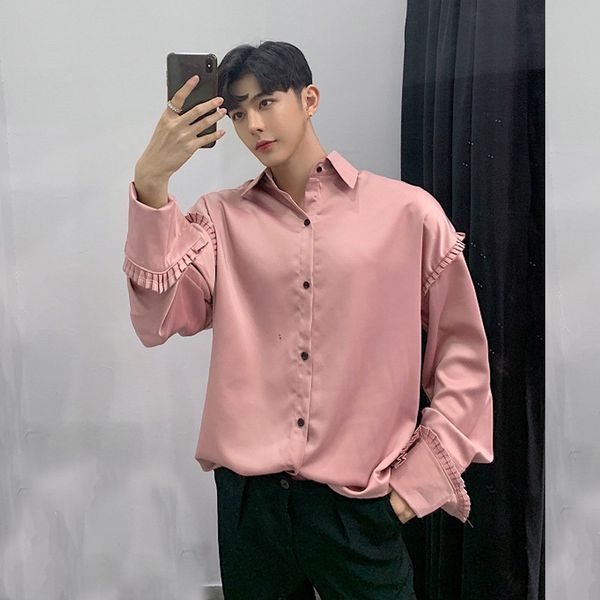 

men loose casual long sleeve shirts male harajuku streetwear vintage fashion show dress shirt nightclub stage clothes, White;black