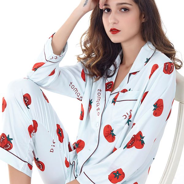 

pajamas long sleeve women's cardigan korean-style tomatoes printed viscose two pieces homewear set, Black;brown