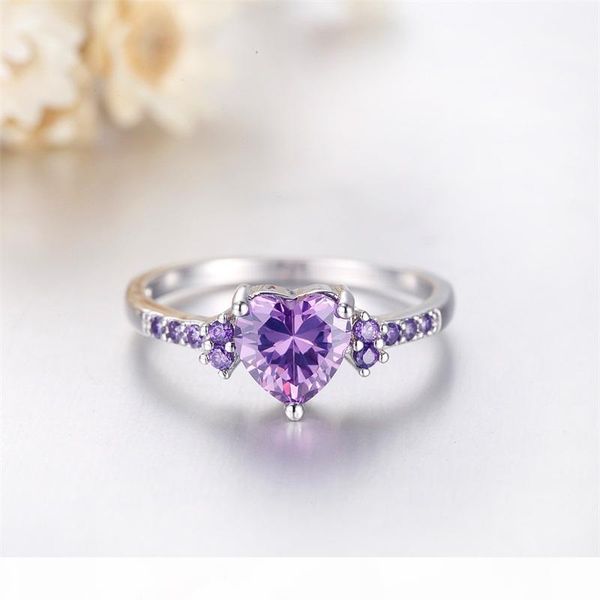 

diamond ring new trendy original 925 sterling silver heart ring romantic love purple cz crystal jewelry rings for women hr998, Slivery;golden