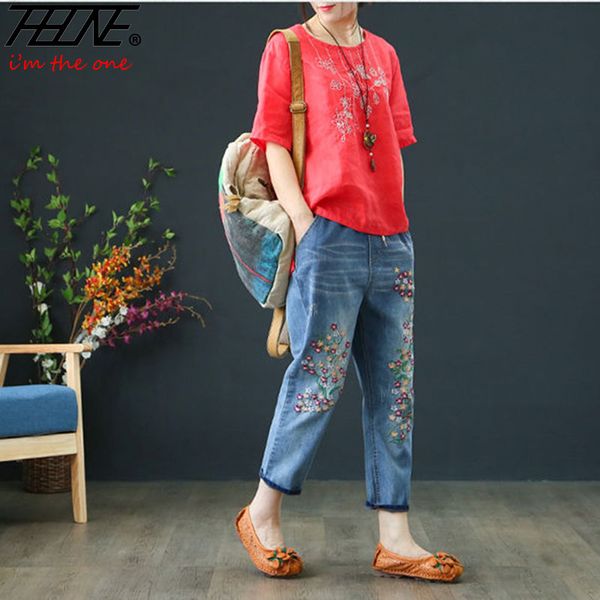 

mom jeans for women embroidery denim pants plus size elastic high waist national style vintage casual denim jeans vaqueros mujer, Blue