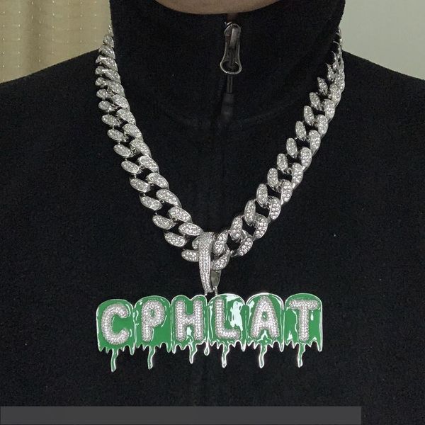 

a-z custom name green epoxy bubble drop letter chain ожерелья кулон циркон мужские хип-хоп ювелирные изделия с 18" 20 мм ширина кубинский li, Silver