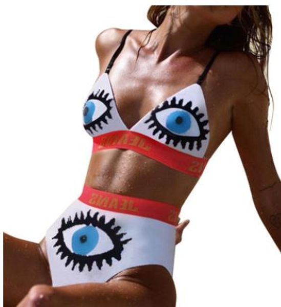 

2019 summer women tankinis bras briefs jeans letters printd eyes designer 2pcs bikini sets bathing suits, White;black