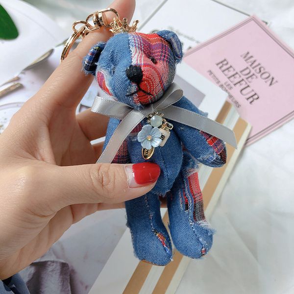 

cartoon 12cm ragdoll cute cowboy bear doll keychain for kids stuffed toys women bag charms jewelry car decoration pendant, Silver