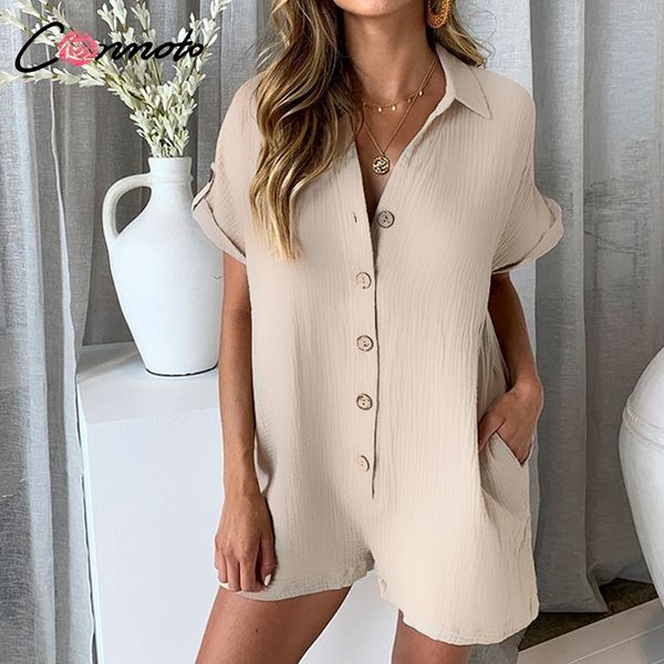 

conmoto 2019 casual summer playsuits women solid high fashion beach romper playsuits button playsuit rompers, Black;white