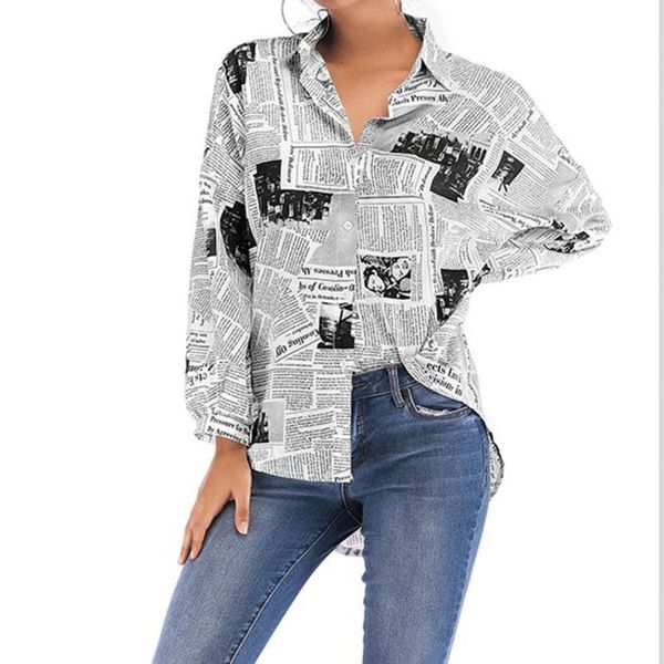 

women's loose blouse funny print newspaper long sleeve blouse baggy lady v neck shirts letter casual summer new style gray, White