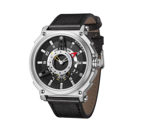 

men watch relojes para hombre ruimas quartz watch calendar wristwatch analog waterproof leather strap mens gifts, Slivery;brown