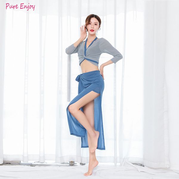 

arrival mesh 2 piece women dance team dance outfit oriental practice clothes blouse long skirt red blue belly set, Black;red
