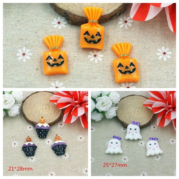 

100 pieces/lot kawaii resin cabochons hallowmas yellow candy ghost pumpkin planar resin for diy decoration phone hair crafts, Slivery;white