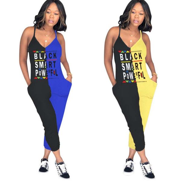 

black smart letter women jumpsuits leeveless strap rompers ninth pants v-neck two-color stitching jumpsuit overalls summer outfits clothing, Blue