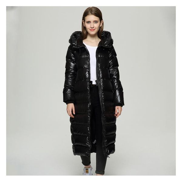 

womens designer down coat parkas fashion solid color thick down womens bright hooded long down parkas luxury coat keep wholesale 2019 new, Black