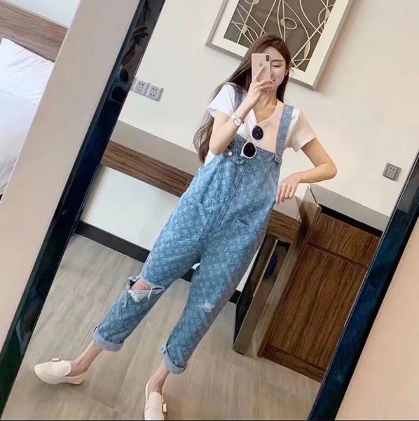 

2020 web celebrity hole-breaking harlan jeans slacks for women loose to show slim nine-minute pants with high-waisted straps, Blue