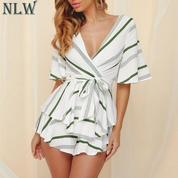

nlw stripe bow beach 2019 female summer rompers playsuits casual party ruffles backless short jumpsuits rompers, Black;white