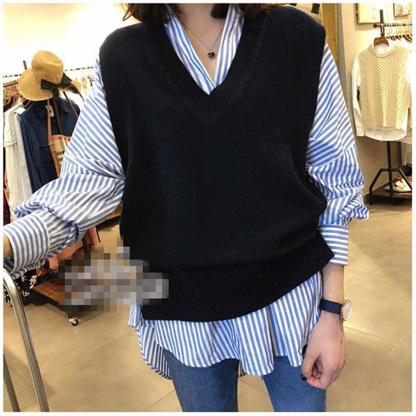 

autumn winter womens cashmere blend sweaters solid color printed v neck ladies vest womens 2020 luxury designer clothes, White;black