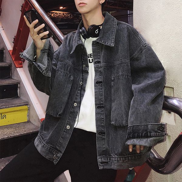 

2019 autumn korean men casual loose personality solid color cowboy coat bomber jacket lapel pockets denim outerwear homme m-2xl, Black;brown