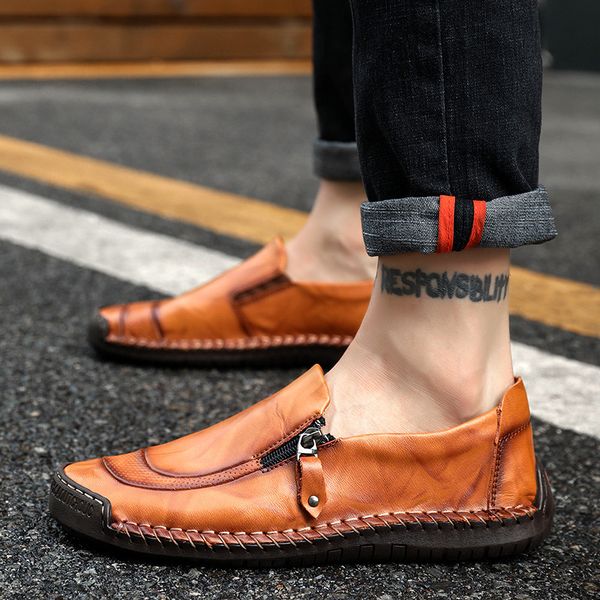 

fashion concise men leather loafer shoes solid spring autumm slip on driving shoes genuine leather soft flat footwear, Black