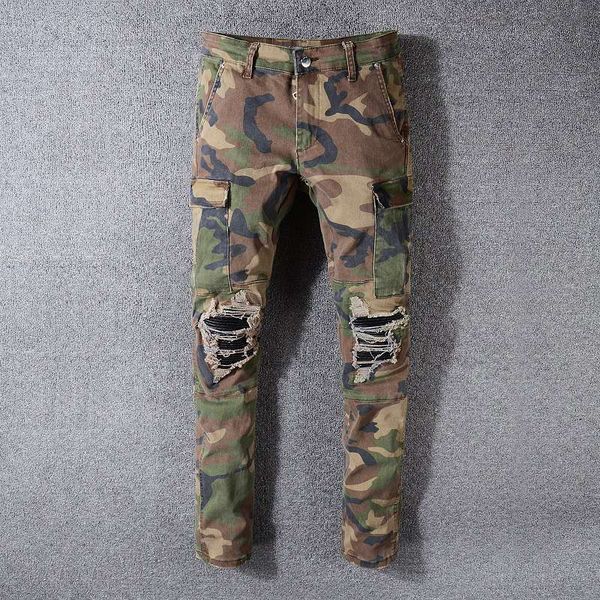 

fashion mens stylist jeans mens casual slim skinny jeans men women camouflage hip hop motorcycle biker ripped jeans denim pants, Blue