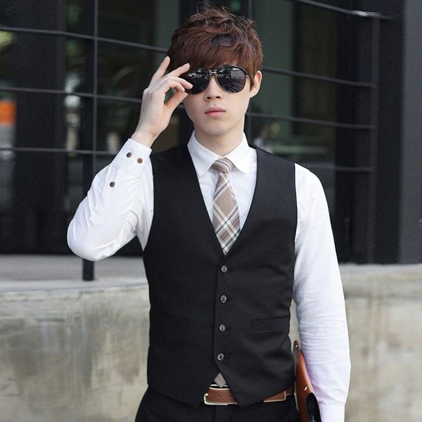 

newly men solid color waistcoat slim fit single-breasted business casual vest for spring ir-ing, Black;white