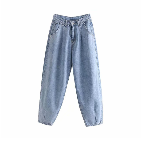 

women streetwear pleated mom jeans high waist loose slouchy jeans pockets boyfriend pants casual ladies denim trousers, Blue