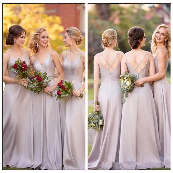 

2020 spaghetti strips a-line bridesmaids dresses sweep train backless customized honor of maid vestidos de bridesmaid gowns, White;pink