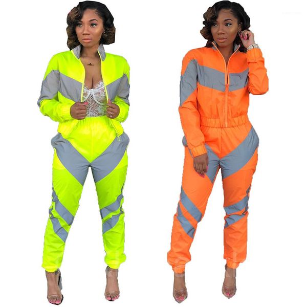 

reflective panelled color women 2pcs designer suit stand collar zipper coat womens sport clothing fashion sports club clothing, Gray