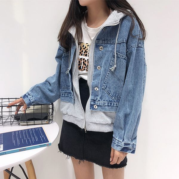 

zhuzunzhe spring hooded denim jacket for women casual bf jeans jacket vintage harajuku coat loose streetwear denim zip patchwork, Black;brown