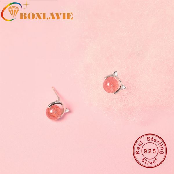 

bonlavie s925 silver cat strawberry quartz earrings girl cute cute animal cat pink crystal earrings female jewelry, Golden;silver