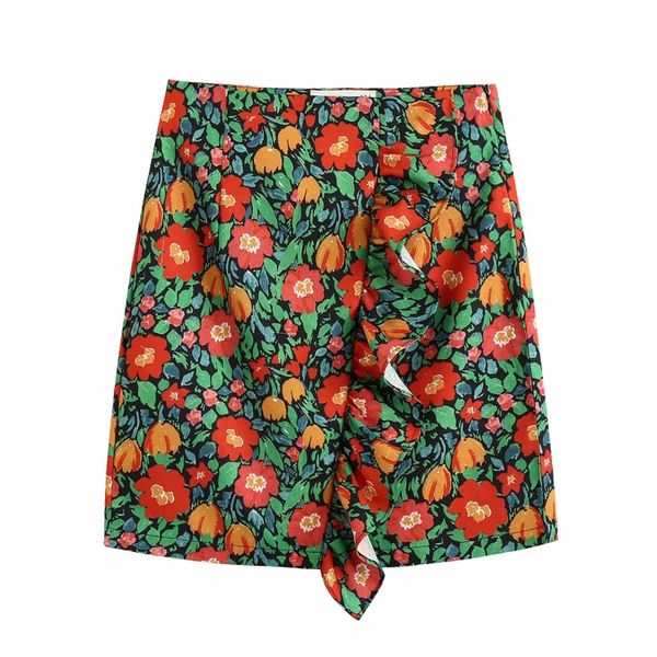 

new 2020 women fashion colorful floral print a line skirt faldas mujer lady side zipper vestidos chic ruffles mini skirts qun606, Black