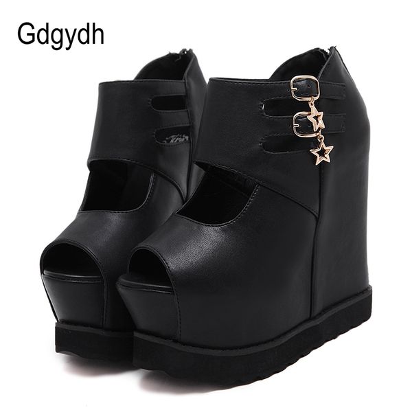 

gdgydh european american nightclub shoes woman metal decoration platform wedges shoes for women pumps peep toe high heels, Black