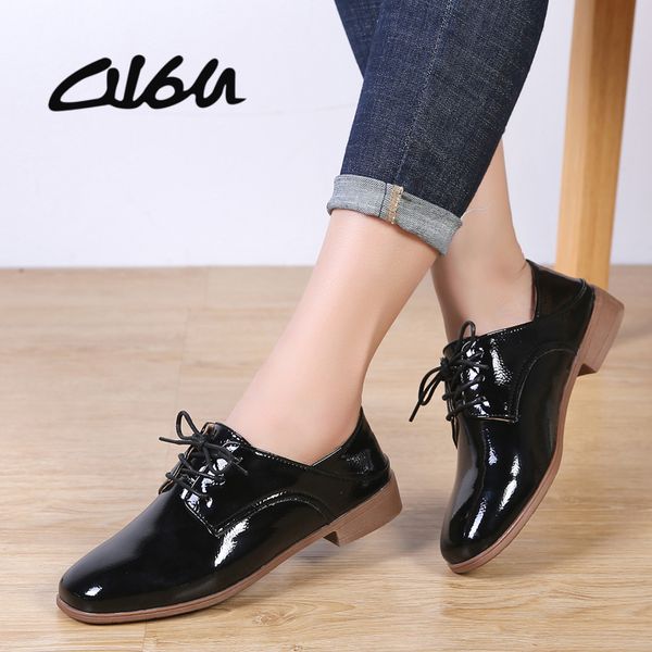 

o16u women derby shoes dress pu lace up square toe oxfords shoes flat women black casual office ballet flats shoe
