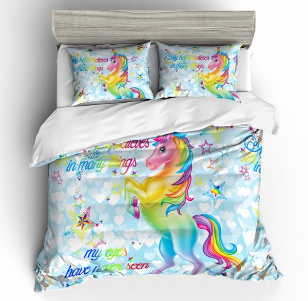 Blue Cartoon Unicorn Bedding Set King Size Rainbow Star Duvet