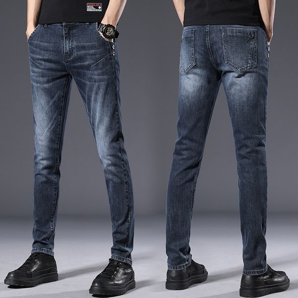 

men washed white zipper fit slim leg jeans casual male designer pencil pants homme trousers with pockets, Blue