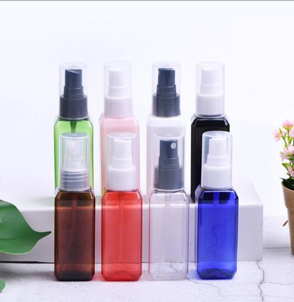 Großhandel 50ML farbige quadratische Plastikflaschen feiner Nebel Lotion Sprühflaschen Toilettenwasser kann in Flaschen abgefüllt werden