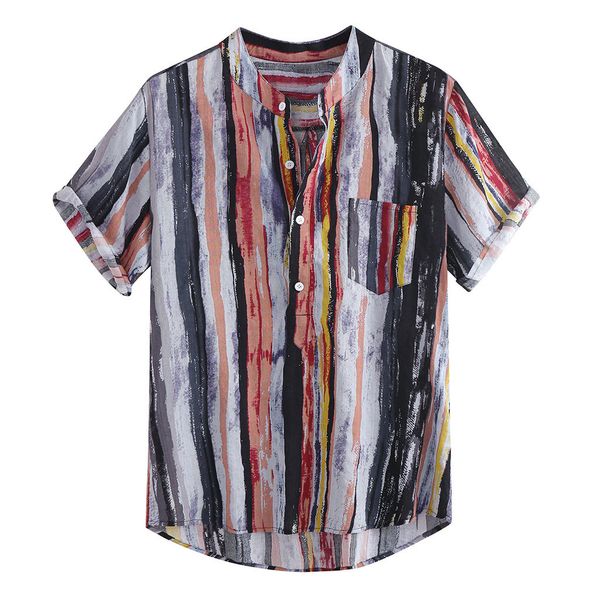 

mens summer shirt fashion stand collar strip print short sleeve 2019 spring new pocket casual leisure blouse for men, White;black