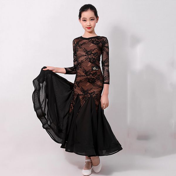 

ballroom dance competition dresses long sleeve see-through lace girls ballroom dress children waltz flamenco rave outfit dn4964, Black;red