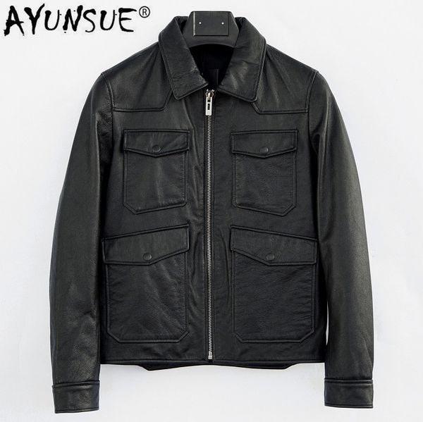

ayunsue men's genuine leather jacket short 100% sheepskin coat men casual fashion spring autumn real leather jackets 0616 kj4548, Black