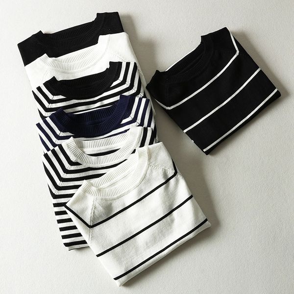 

2020 summer knitted striped t-shirt women korean cute short sleeve harajuku style streetwear clothes, White