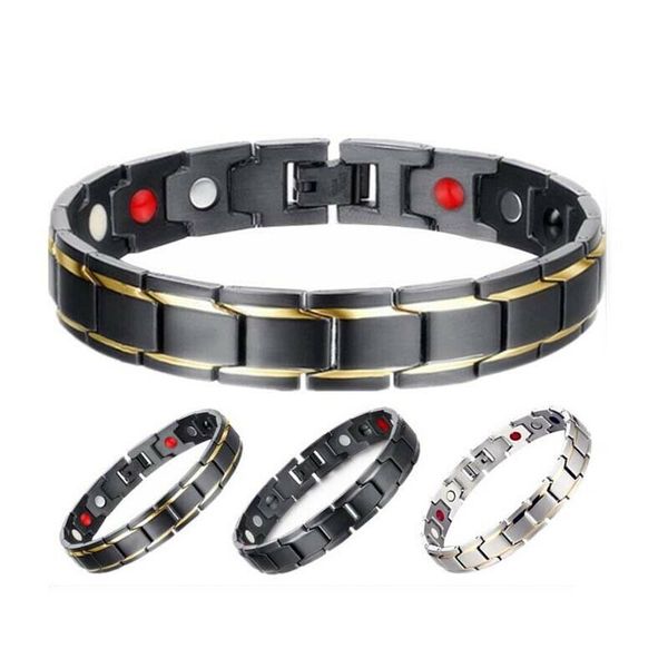 

hirigin 2019 therapeutic energy healing bracelet stainless steel magnetic therapy bracelet fashion titanium steel men, Black