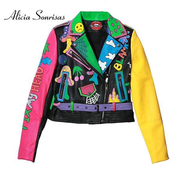 

2019 spring street graffiti printing crazy contrast color motorcycle pu leather short jacket zippers leather outerwear y6001, Black