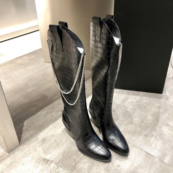 

winter women boots genuine cow leather knee high boots pointed toe slip on metal decor zapatos de mujer, Black