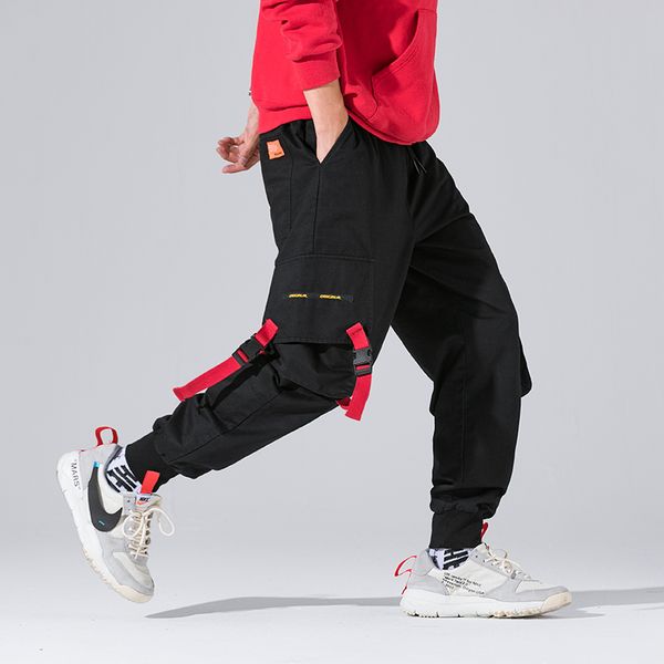 

side-pockets streetwear cargo pants men cotton casual jogger pants men 2019 spring hip hop mens harem, Black