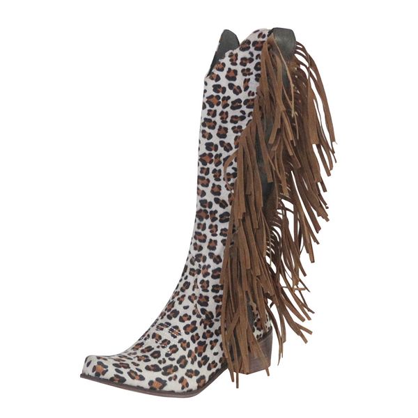 

womens leopard print tassel square head low-heeled slip-on comfy western boots, Black