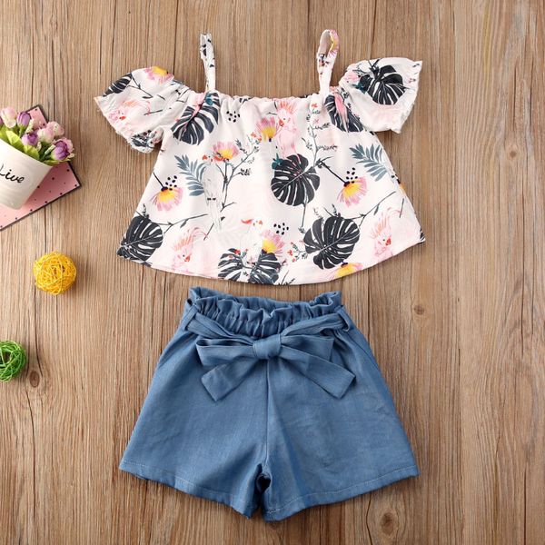 

baby girls short sleeve banana leaf sling + bowknot denim shorts set kids toddler summer fashion outfits two-piece, White