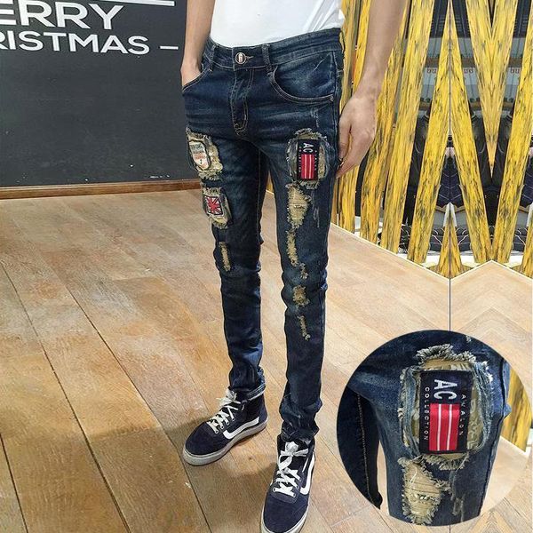 

hairstyle division man jeans bound feet pants self-cultivation type holes beggar flow thin youth trousers autumn tide, Blue