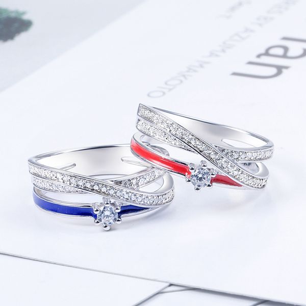 

fashion blue red enamel sparkling cz twining 925 sterling silver rings for women elegant wedding engagement party jewelry gifts, Slivery;golden