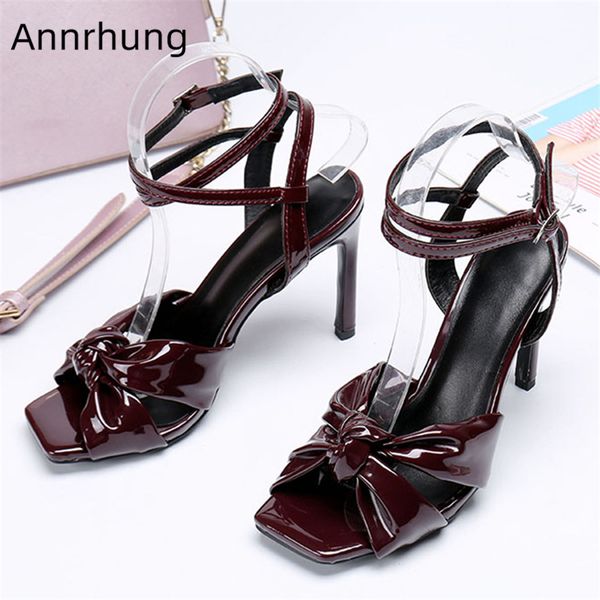 

bright patent leather bowknot party shoes woman stiletto heel open toe square toe ankle strap summer sandals women, Black