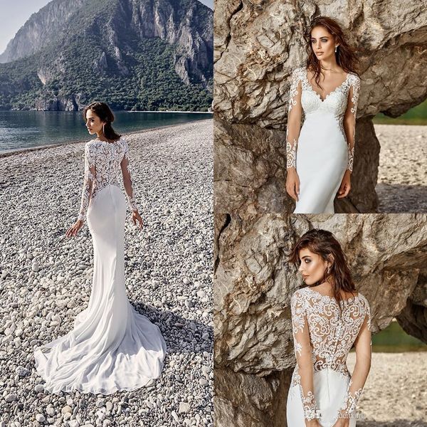 Eddy K 2019 Abiti da sposa Scollo a V Manica lunga Appliques in pizzo Chiffon Dreams Abiti da sposa Custom Made Sweep Train Abito da sposa a sirena